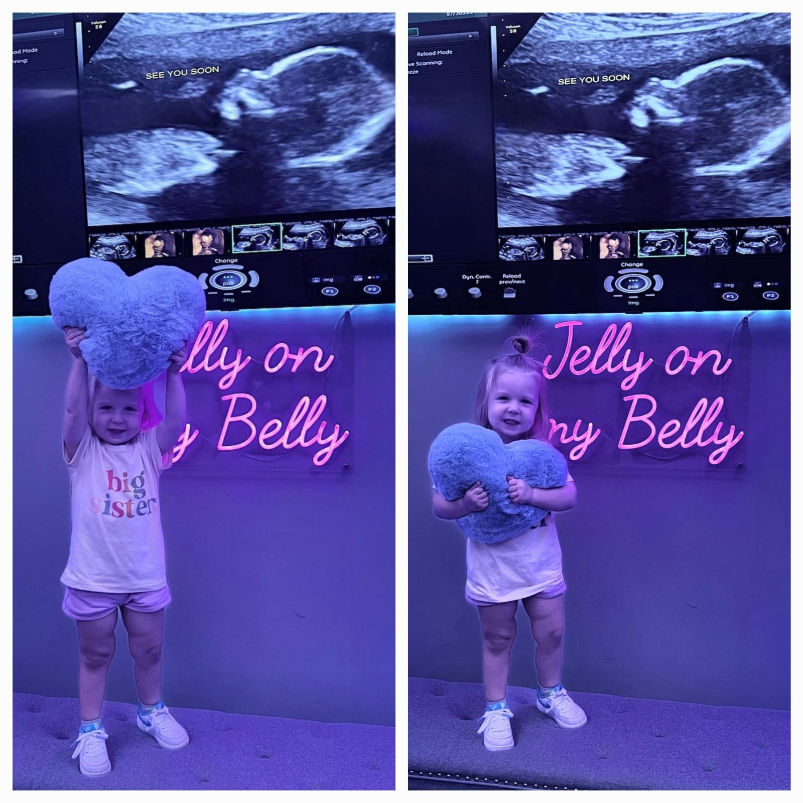 Older sibling holding a blue heart plushie during ultrasound session